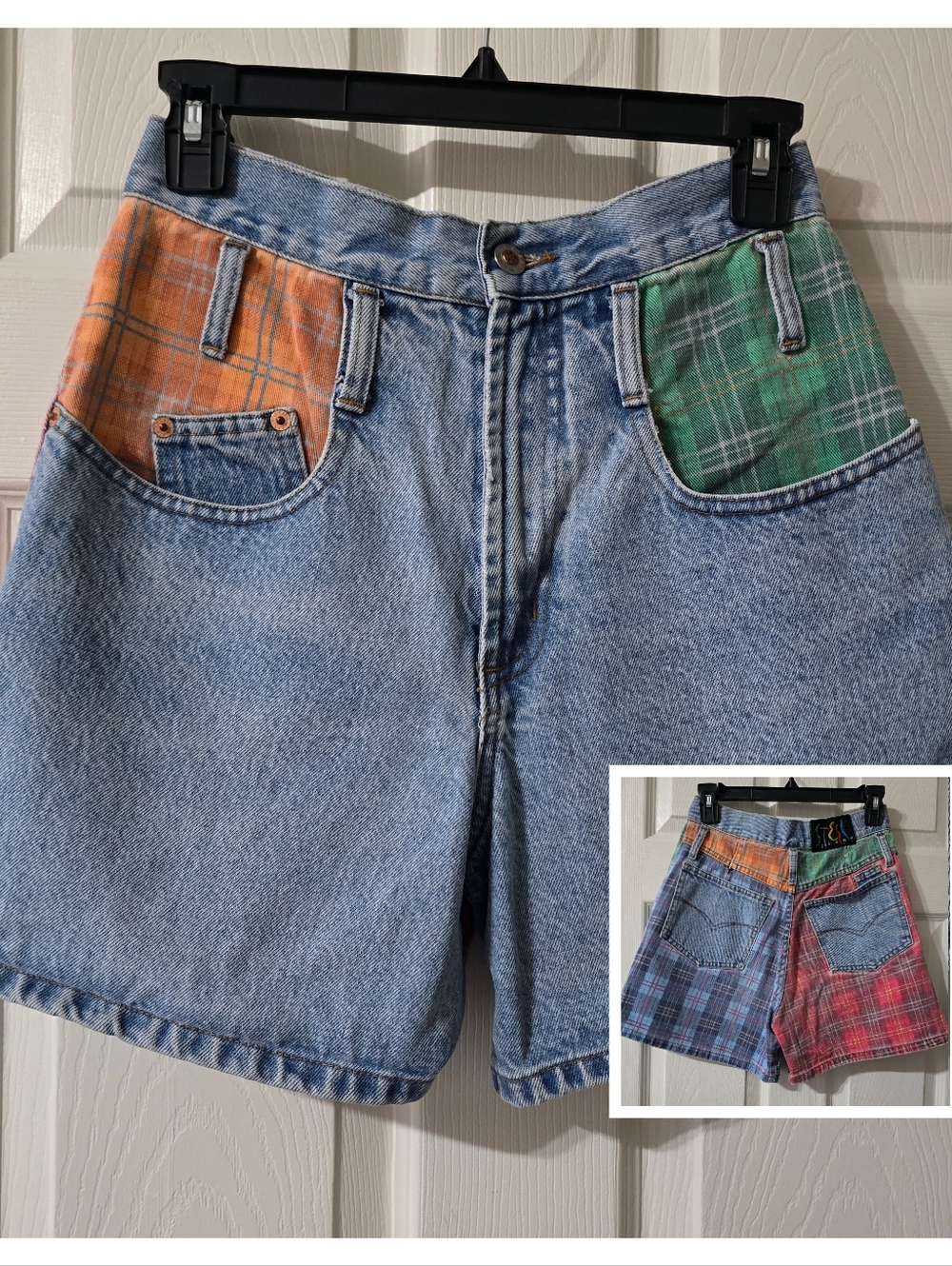 90s High Rise Flannel Plaid Patchwork Denim Mom Shorts by Steel Jeans, EUC!